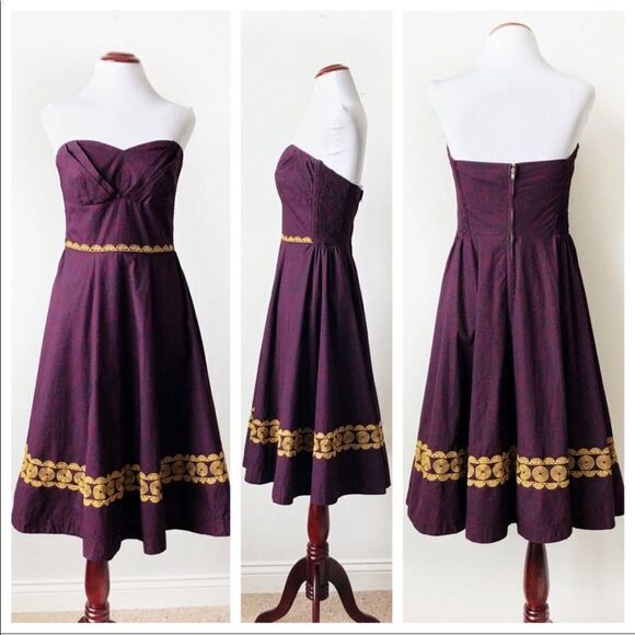 Anthropologie Girls From Savoy Purple Strapless Dress with gold embroidery 0 - Picture 1 of 7